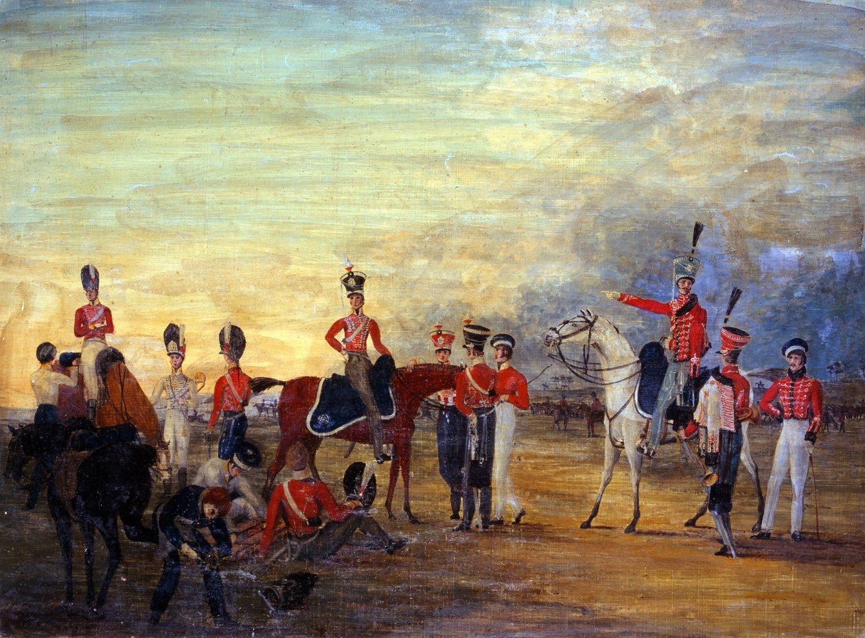 Grupa konnych i zdemontowanych oficerów i mężczyzn z Yorkshire Yeomanry w różnych rzędach ubioru, c.1820 autorstwa English School