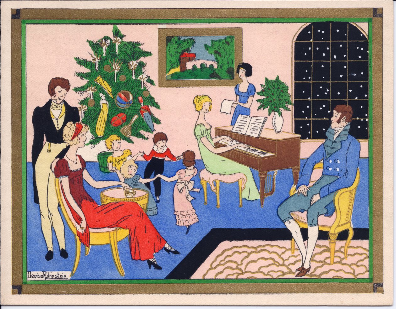 Ręcznie kolorowana francuska kartka bożonarodzeniowa Pochoir z przyjęcia bożonarodzeniowego rodziny Regency, z tańcem i muzyką, ok. 1920 r. autorstwa English School