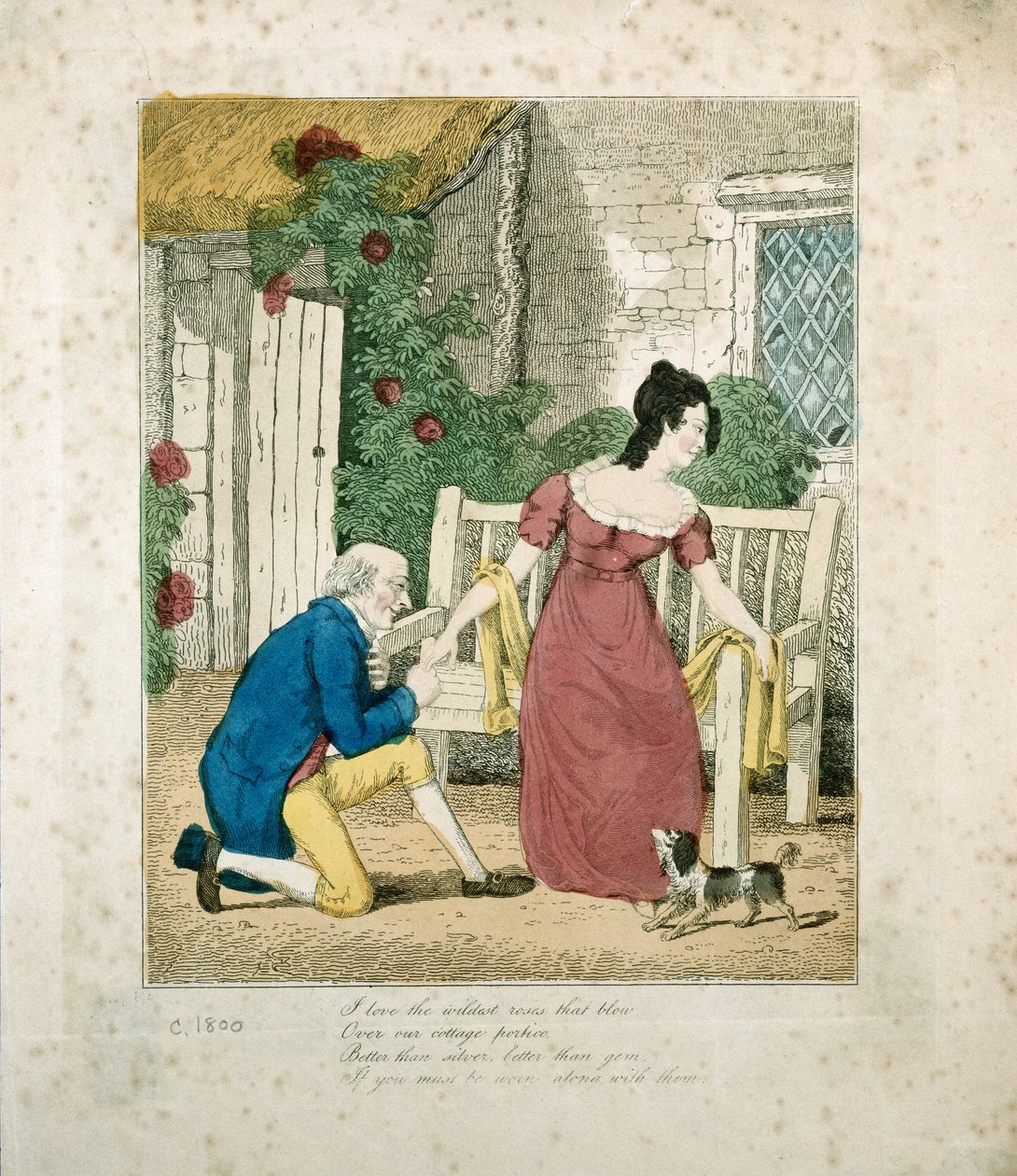 Ręcznie kolorowana litografowana scena mężczyzny oświadczającego się, ok. 1800 autorstwa English School