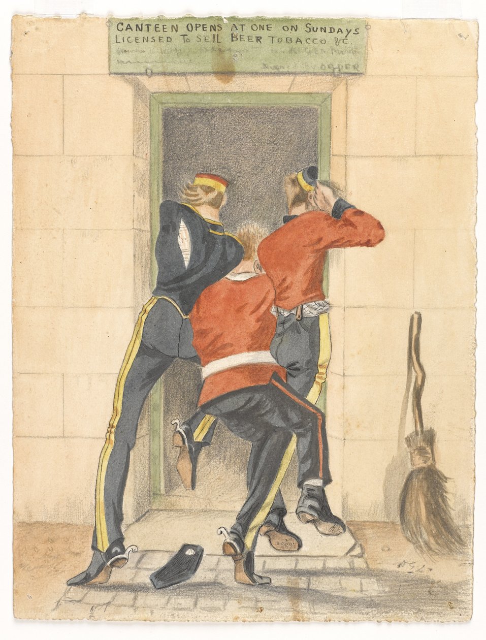 Huzar, piechur i dragon, wszyscy w rozebranych mundurach, wdrapują się do wejścia do kantyny, ok. 1890 r. autorstwa English School