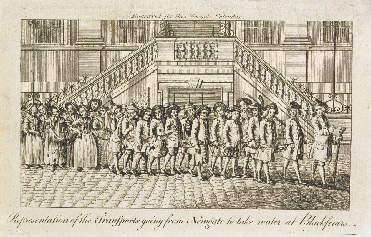 Linia zakutych w łańcuchy skazańców z więzienia Newgate, Old Bailey, zabranych do Blackfriars w celu transportu, ok. 1760 r. autorstwa English School