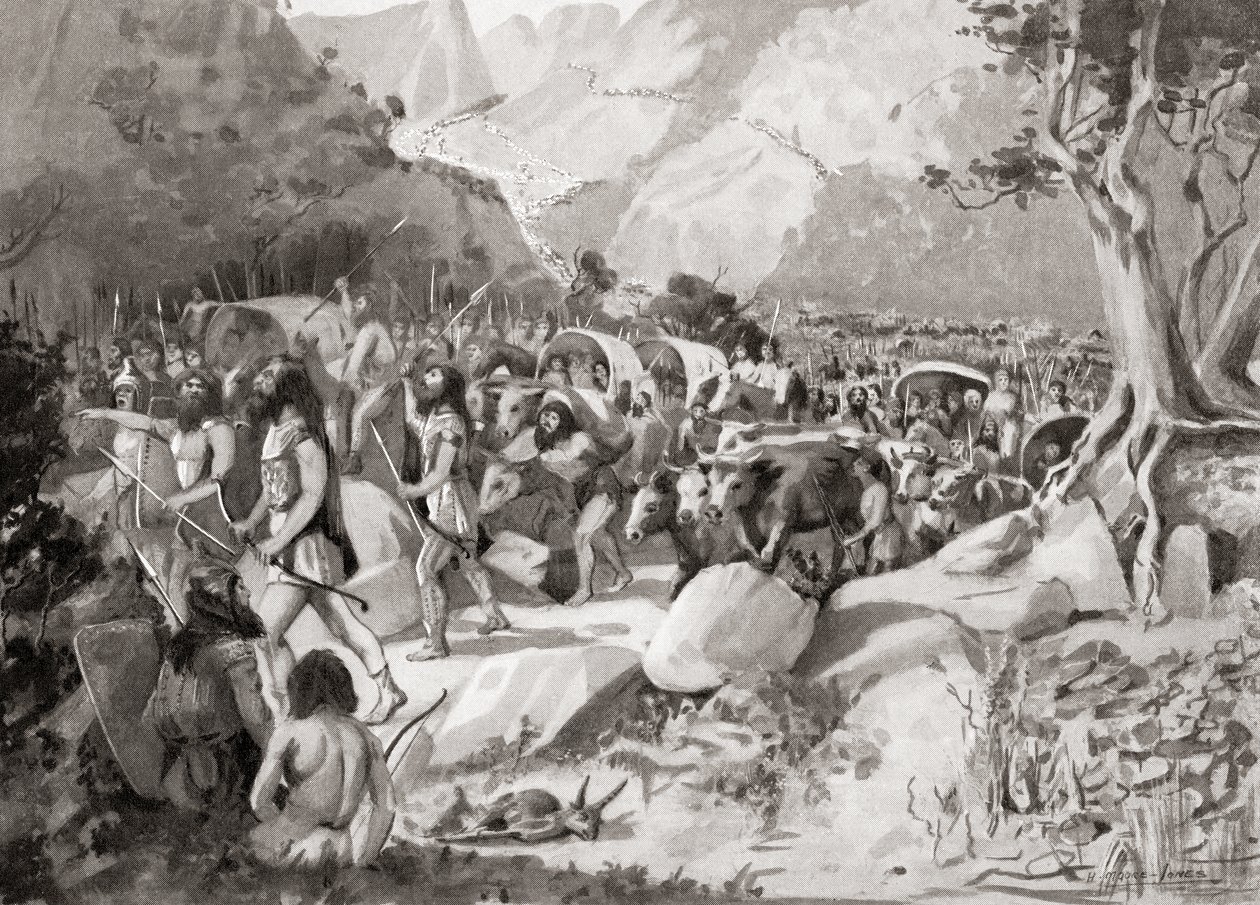 Migracja plemion scytyjskich przez przełęcz w górach Azji Mniejszej do Syrii, z Historii Narodów Hutchinsona, wyd. 1915 autorstwa English School