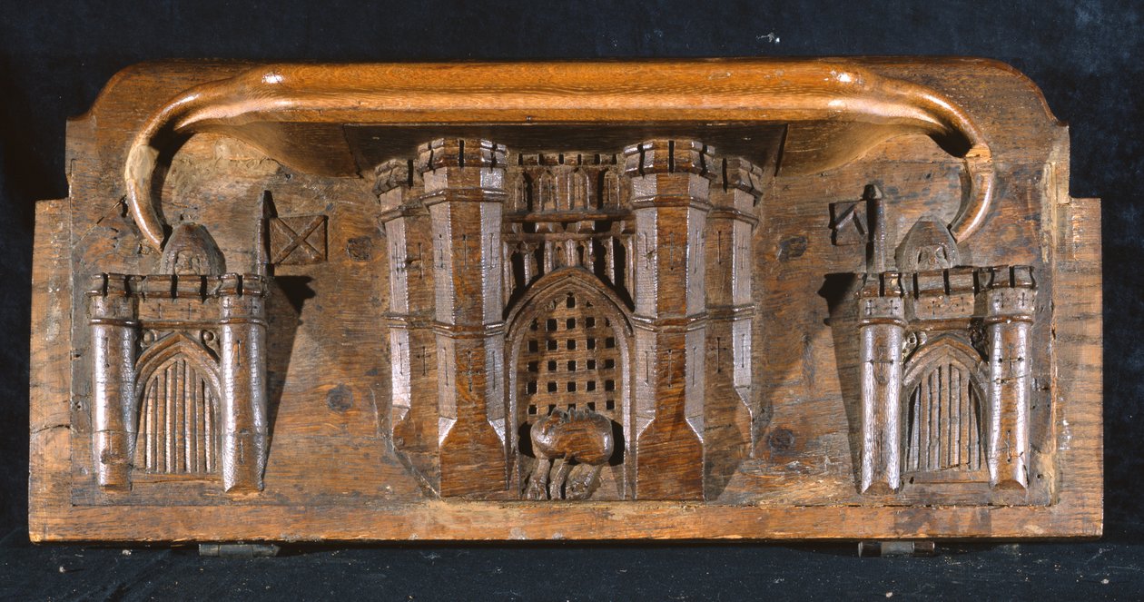 Mizerykorda przedstawiająca konia Sir Yvainsa uwięzionego podczas opuszczania kraty skomplikowanego wejścia do zamku, New College Chapel, Oksford, koniec XIV wieku (drewno) autorstwa English School