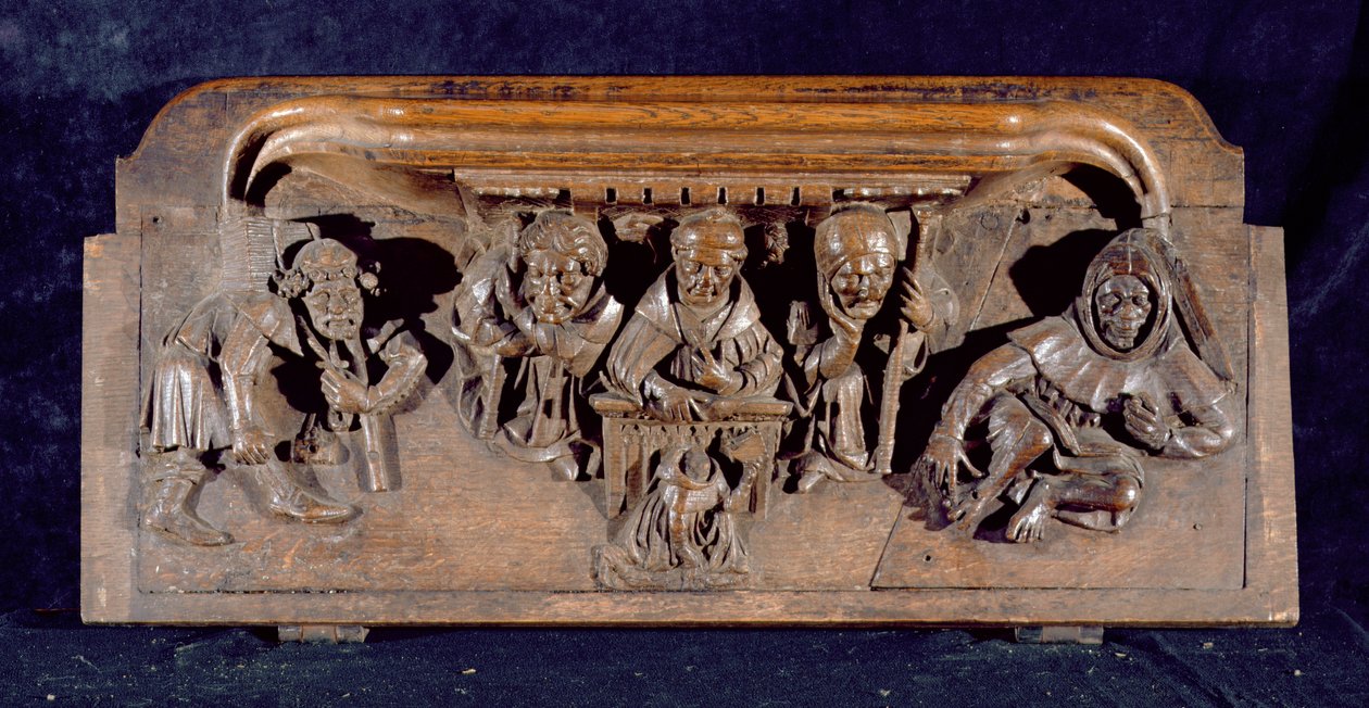 Mizerykorda przedstawiająca naukowca siedzącego przy biurku z panelem, przekazującego napomnienie klęczącemu pokutnikowi, New College Chapel, Oksford, koniec XIV wieku (drewno) autorstwa English School