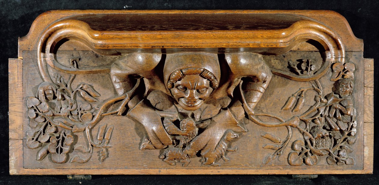 Mizerykorda przedstawiająca ogra z ogromnymi ramionami, New College Chapel, Oxford, koniec XIV wieku (drewno) autorstwa English School