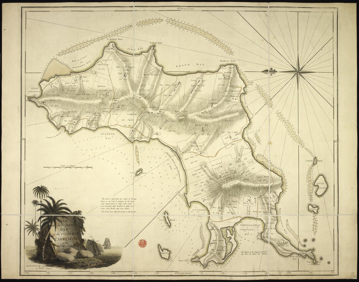 Nowa i dokładna mapa wyspy Carriacou w Indiach Zachodnich autorstwa English School