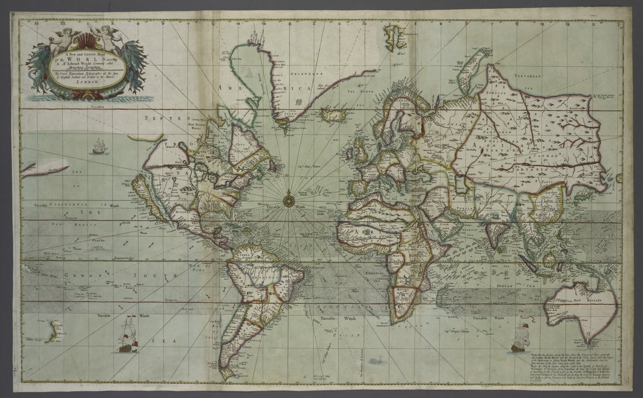 Nowa i poprawna mapa świata z atlasu morza, 1707 r. (druk ręcznie kolorowany) autorstwa English School