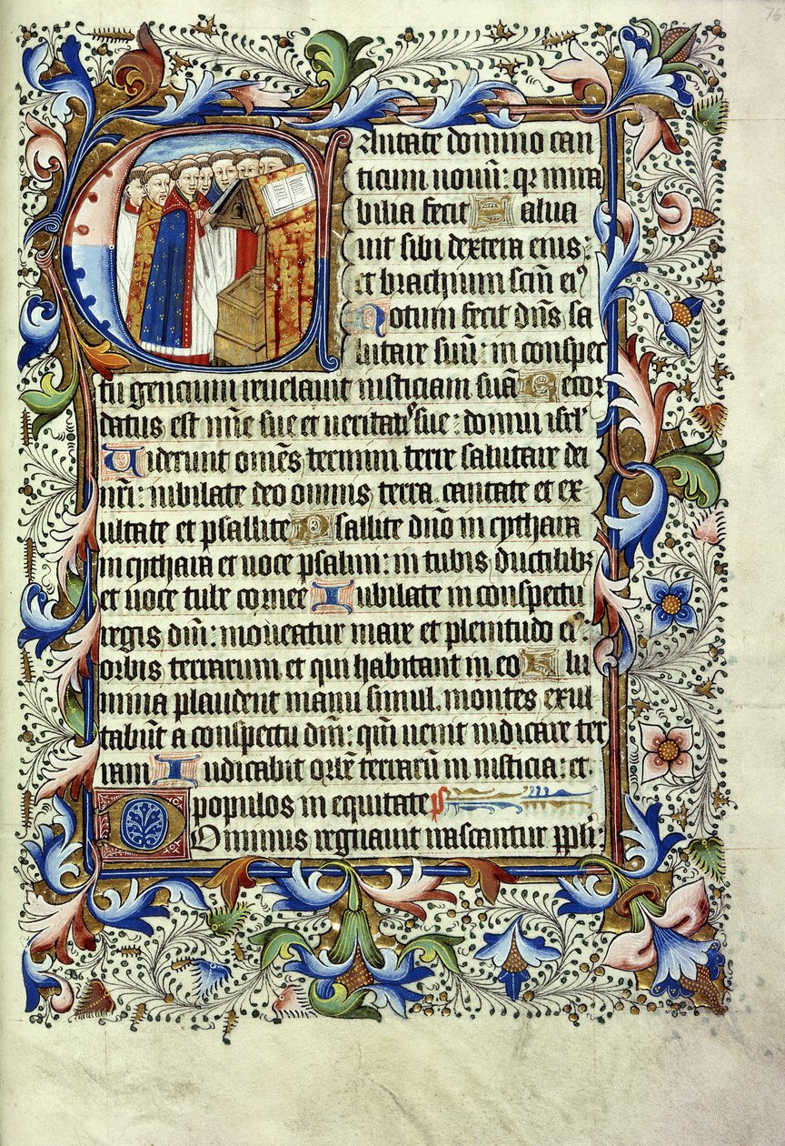 Strona z psałterza po łacinie z historycznym inicjałem przedstawiającym grupę mnichów stojących przed śpiewającą mównicą, ok. 1455 autorstwa English School
