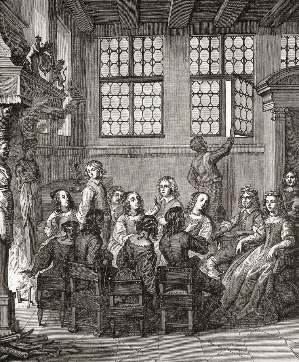 Przyjęcie w Duke of Newcastles House, frontyspis do Natures Pictures autorstwa Margaret, Duchess of Newcastle, 1656, z Krótkiej historii Anglików J. R. Greena, opublikowanej w 1893 autorstwa English School