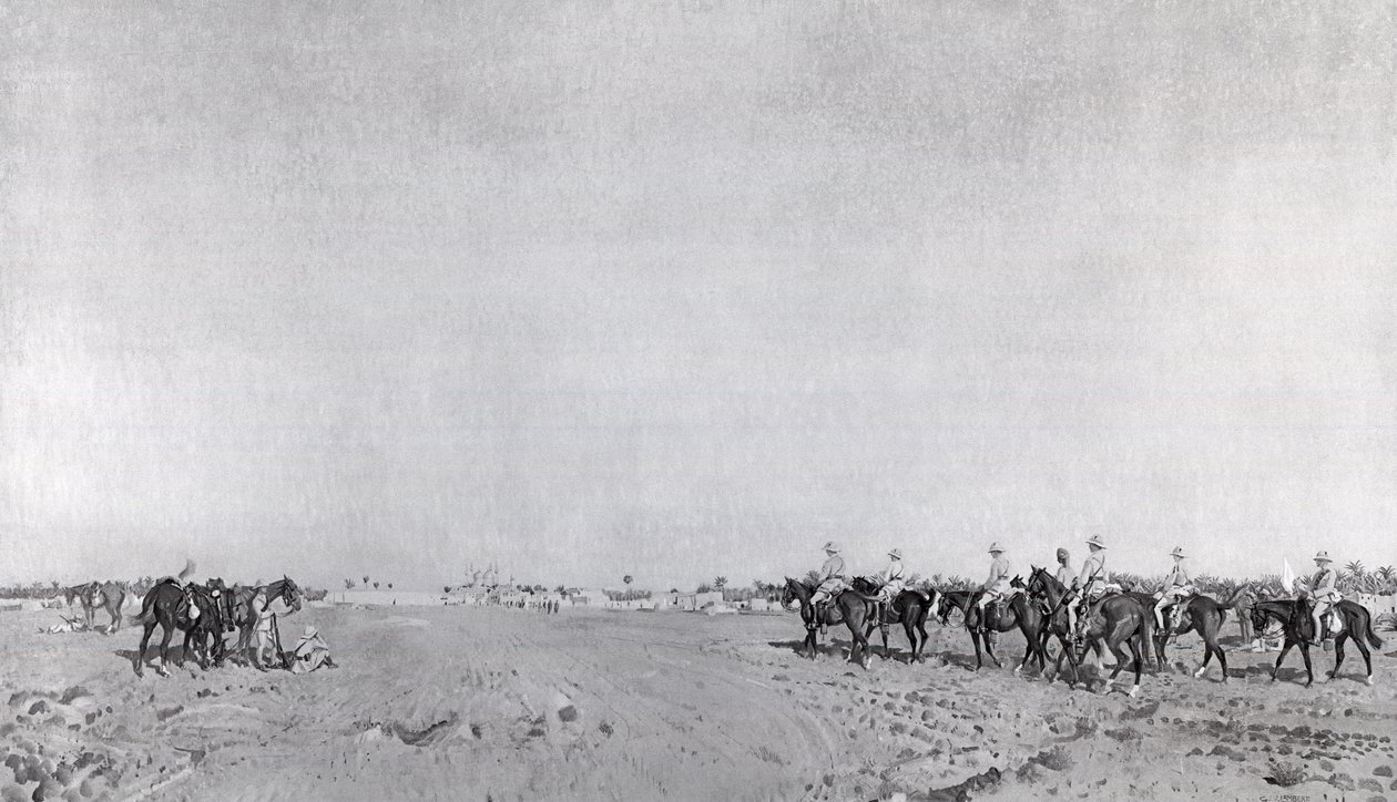 Patrol 14 pułku huzarów z podpułkownikiem R.W. Hewittem DSO zbliża się, aby poddać się tureckiej kapitulacji podczas kapitulacji Kazimain, 11 marca 1917, opublikowany ok. 1918 (fotolit) autorstwa English School