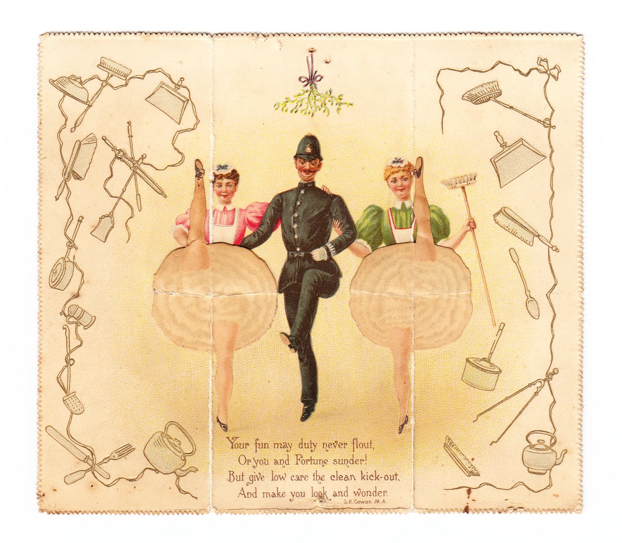 Wyskakująca karta przedstawiająca policjanta i dwie kobiety wykonujące wysokie kopnięcie, ok. 1920 r. (kolorowa litografia) autorstwa English School