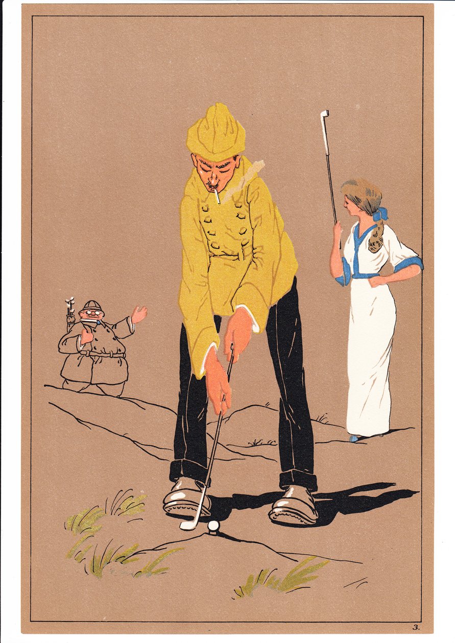 Rycina przedstawiająca dwóch golfistów w komicznych i humorystycznych pozach, ok. 1920 autorstwa English School