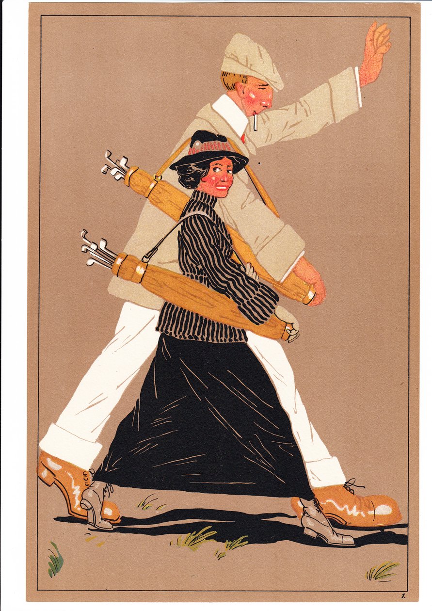 Rycina przedstawiająca dwóch golfistów w komicznych i humorystycznych pozach, ok. 1920 autorstwa English School