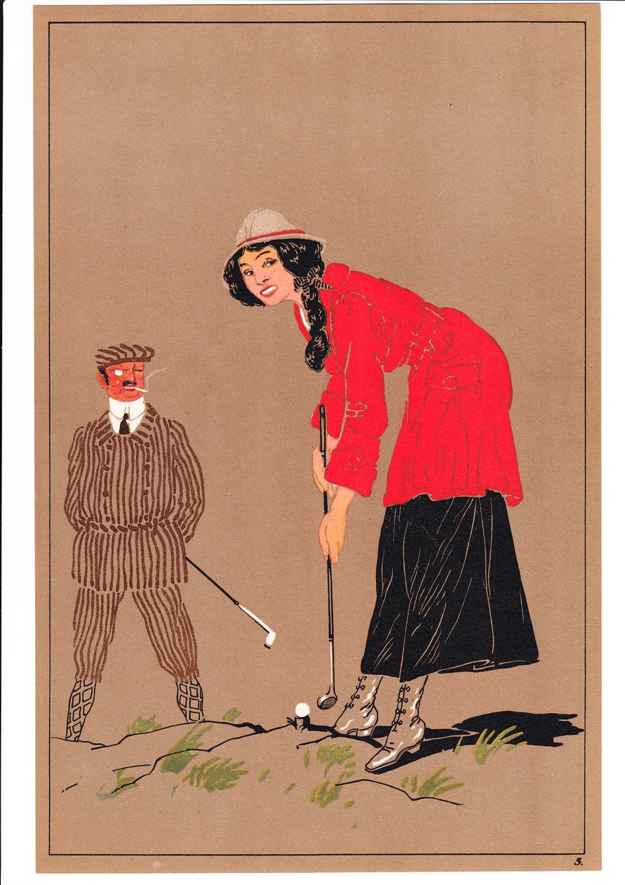 Rycina przedstawiająca dwóch golfistów w komicznych i humorystycznych pozach, ok. 1920 autorstwa English School
