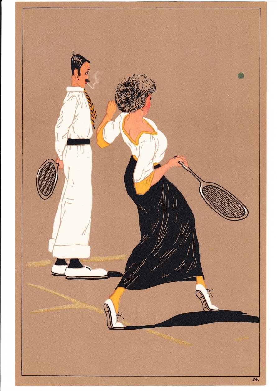Odbitka przedstawiająca dwóch tenisistów w komicznych i humorystycznych pozach, ok. 1920 r. (kolorowa litografia) autorstwa English School