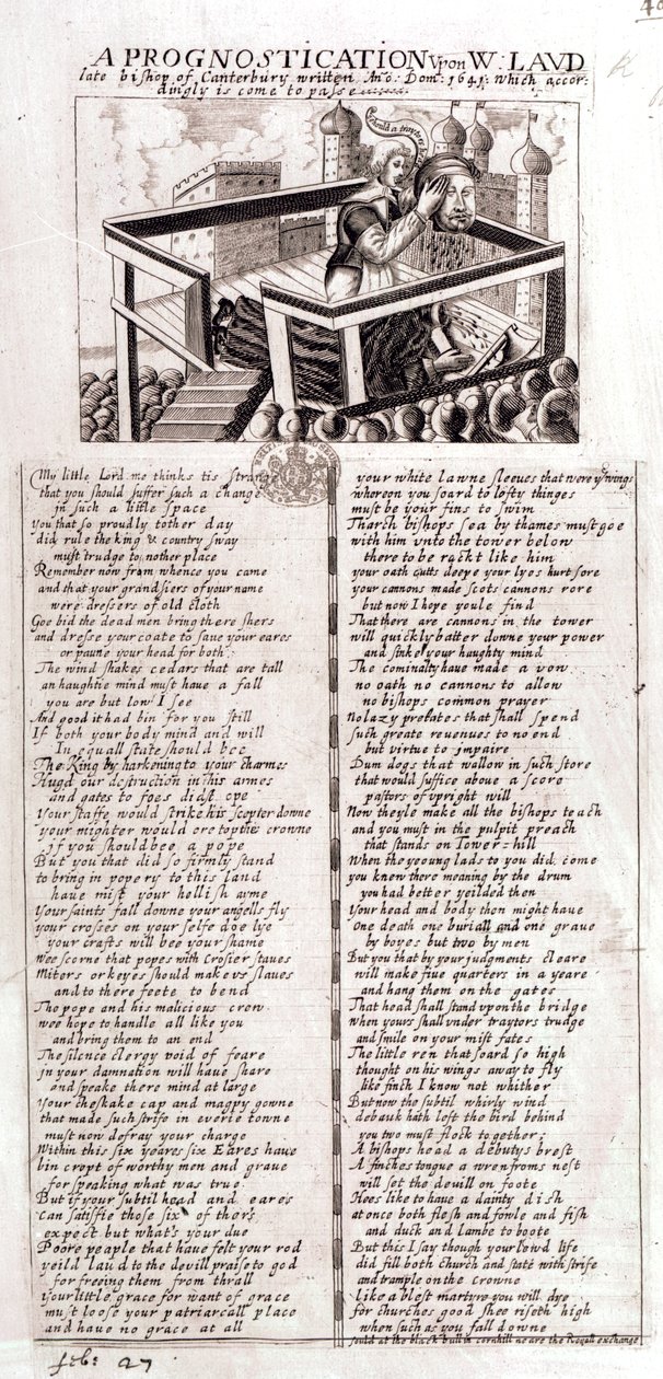 Prognozy dotyczące zmarłego biskupa Canterbury W. Lauda napisały Ano Dom, 1641, co w związku z tym się spełniło, 1645 autorstwa English School