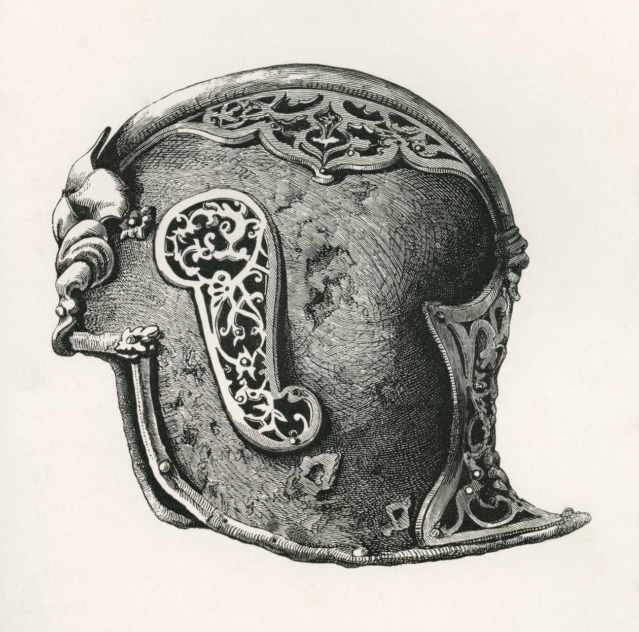 Sallet, znany również jako salade lub schaller wojenny hełm, AD 1450, z The British Army: Its Origins, Progress and Equipment, opublikowany w 1868 r. autorstwa English School