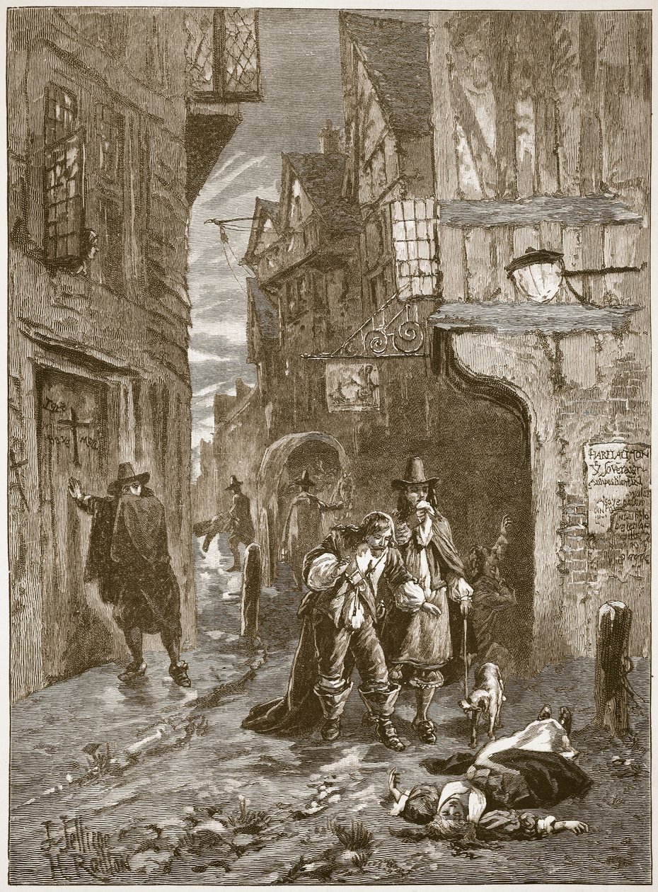 Ulica w Londynie podczas Wielkiej Plagi, ilustracja z Cassells Illustrated History of England (zdjęcie w sepii) autorstwa English School
