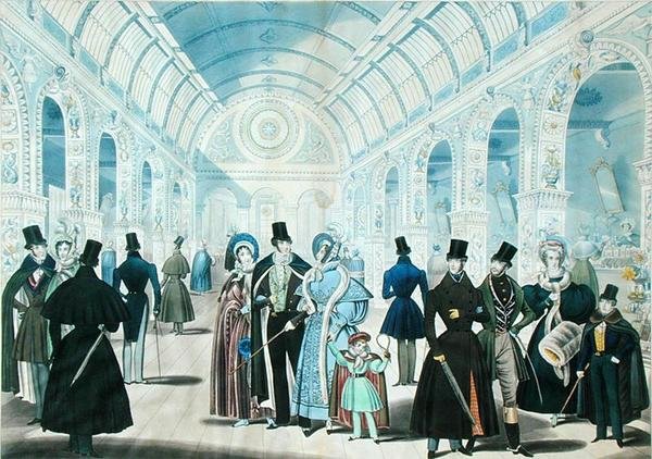 Widok w Panteonie na Oxford Street w Londynie przedstawiający modę zimową od listopada 1834 do kwietnia 1835, opublikowany przez B.Read & Co. autorstwa English School