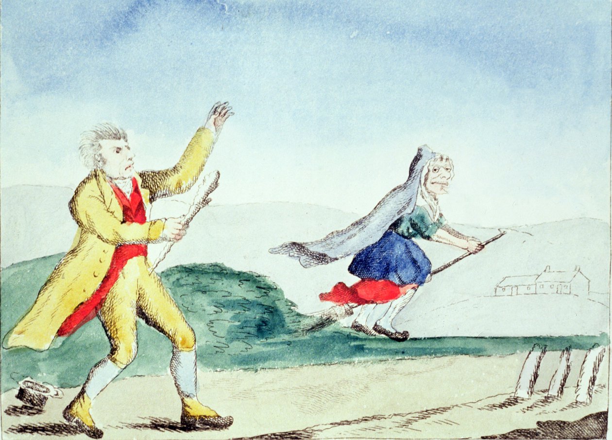 Czarownica straszy mężczyznę pałką, ok. 1790 autorstwa English School