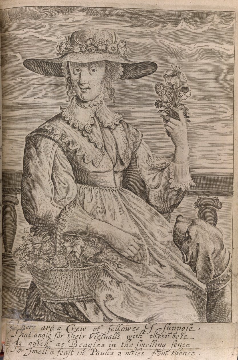 Kobieta z kwiatami, ilustracja z „Praca dla nikogo prócz aniołów i ludzi” Sir Johna Daviesa, wydrukowana w 1653 r. (lito) autorstwa English School