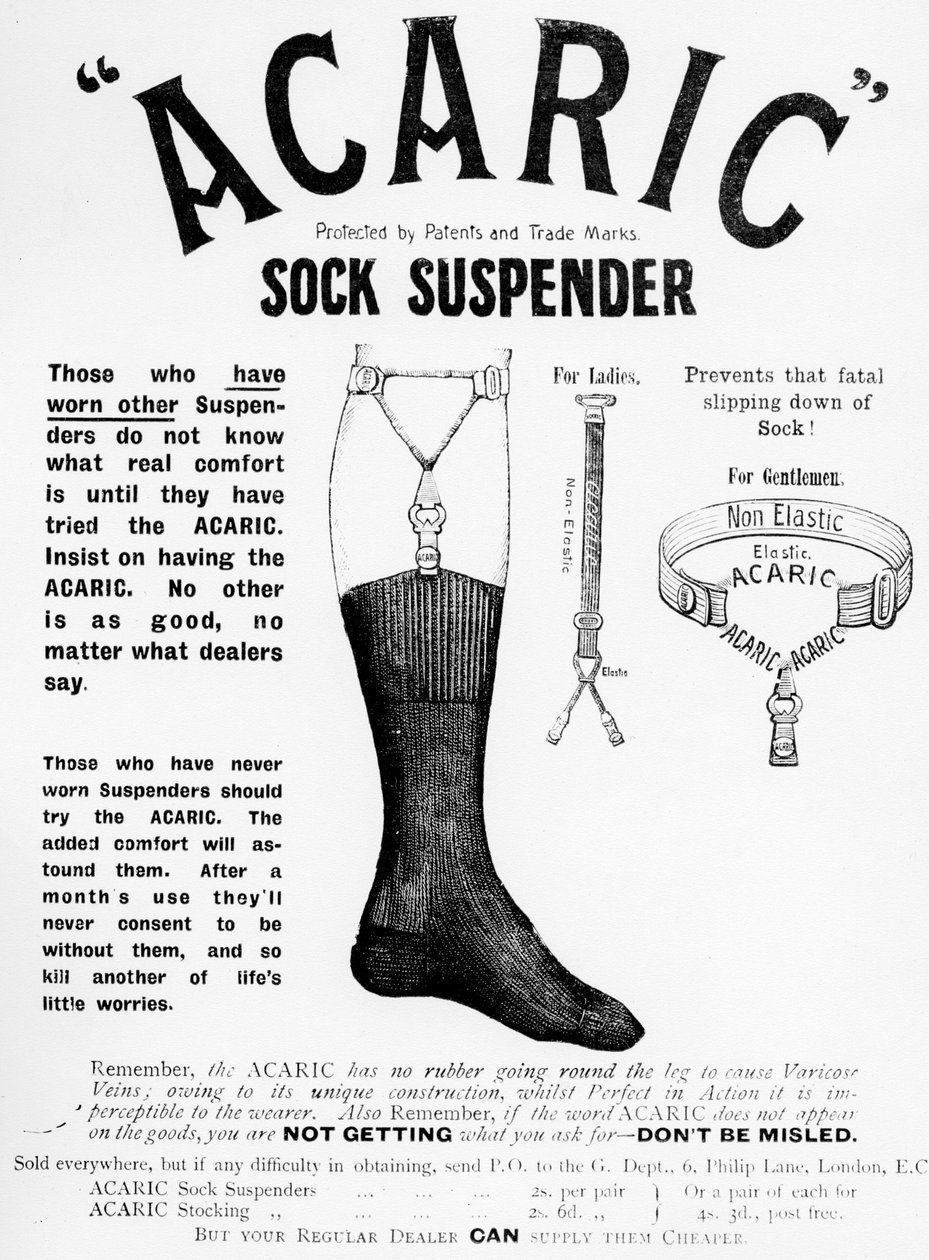 Reklama Acaric Sock Suspenders, 1898 autorstwa English School