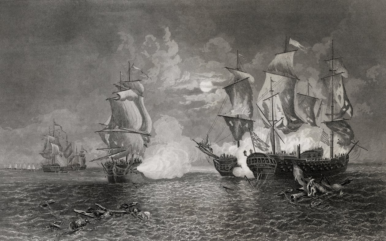 Akcja między Bonhomme Richard i Serapis, 23 września 1779 (rycina) autorstwa English School