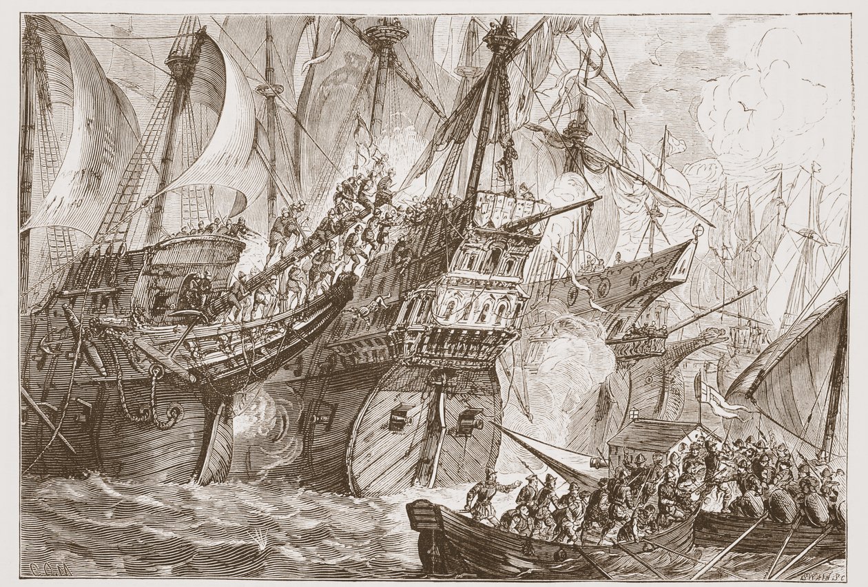 Akcja między flotą hiszpańską a statkami żebraków morskich, ilustracja z Historii protestantyzmu Jamesa Aitkena Wylie (1808-1890), wyd. 1878 autorstwa English School