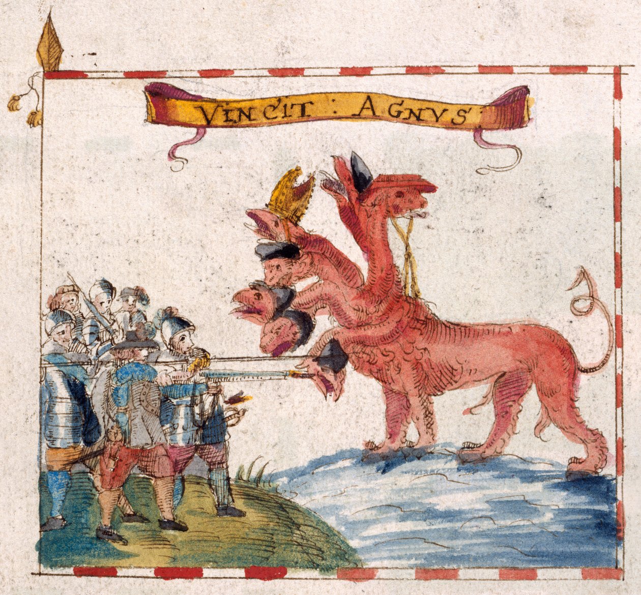 Dodać. 12447, f.23v Żołnierze parlamentarni atakujący bestię Apokalipsy, z „Sztandary dowódców parlamentarnych” (pióro i atrament z akwarelą na papierze) autorstwa English School