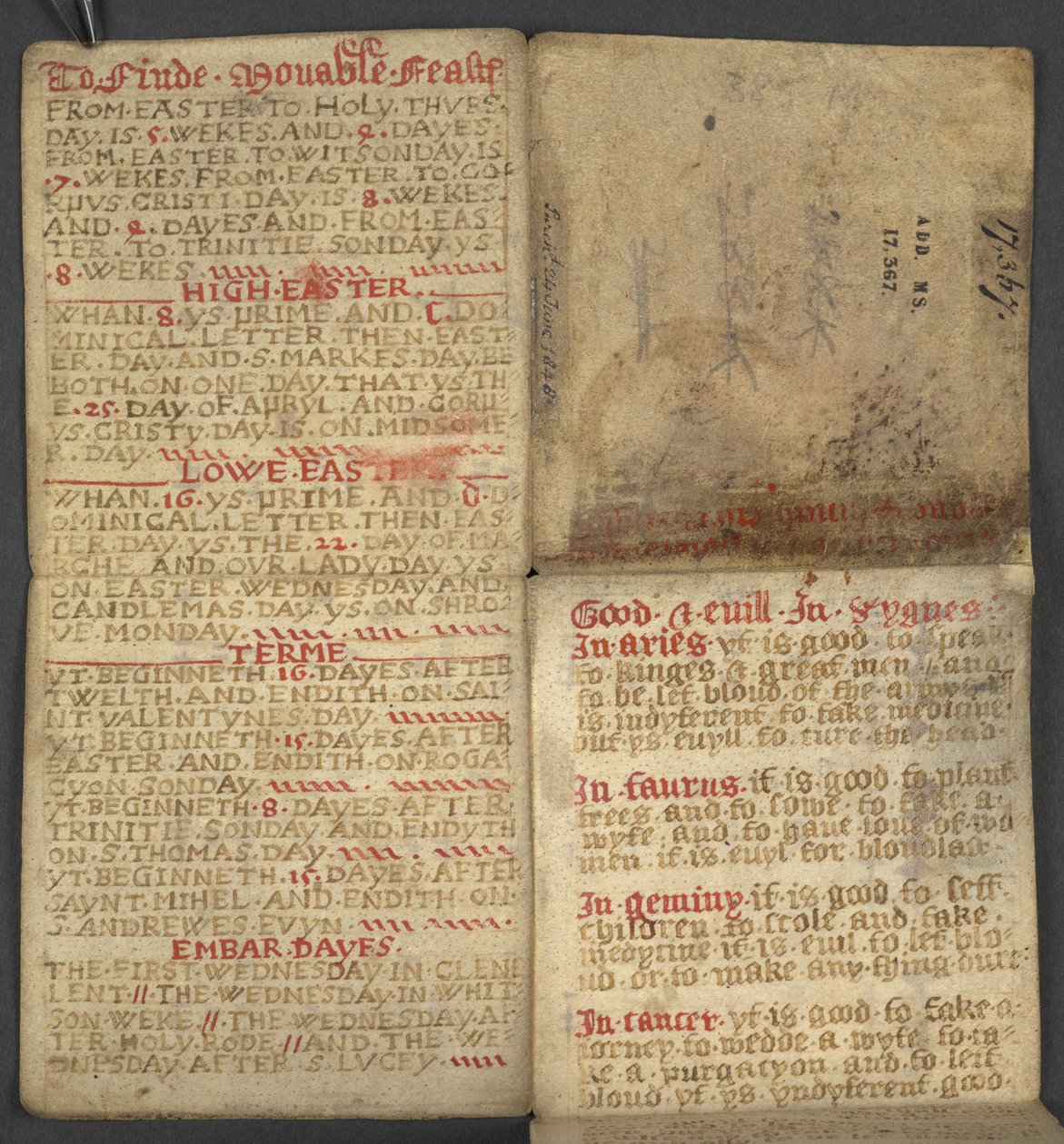 Dodać. 17367, f.1r z Almanachu, zawierający tablicę liter dominikalnych i złotych cyfr; wskazówki, jak znaleźć ruchome święta; kalendarz świętych, epoki, spis suwerenów angielskich, prognozy pogody, wpływ znaków zodiaku (vellu autorstwa English School
