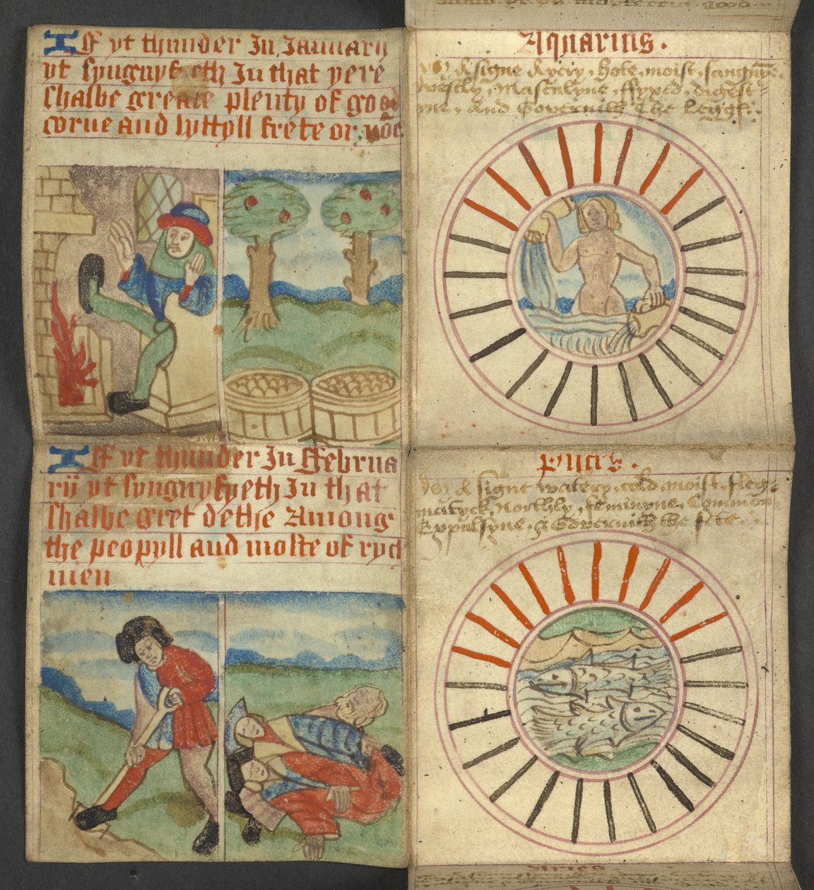Dodać. 17367, f.3r Aquarius & Pisces, z Almanachu, zawierający tablicę liter dominikalnych i złotych cyfr; wskazówki, jak znaleźć ruchome święta; kalendarz świętych, epoki, spis suwerenów angielskich, prognozy pogody, wpływ znaków autorstwa English School