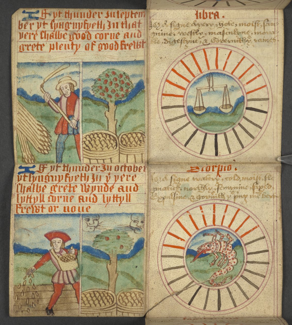 Dodać. 17367, f.7r Libra & Scorpio, z Almanachu, zawierająca tablicę liter dominikalnych i złotych cyfr; wskazówki, jak znaleźć ruchome święta; kalendarz Świętych, epoki, spis Władców Angielskich, prognozy pogody, wpływ znaków autorstwa English School