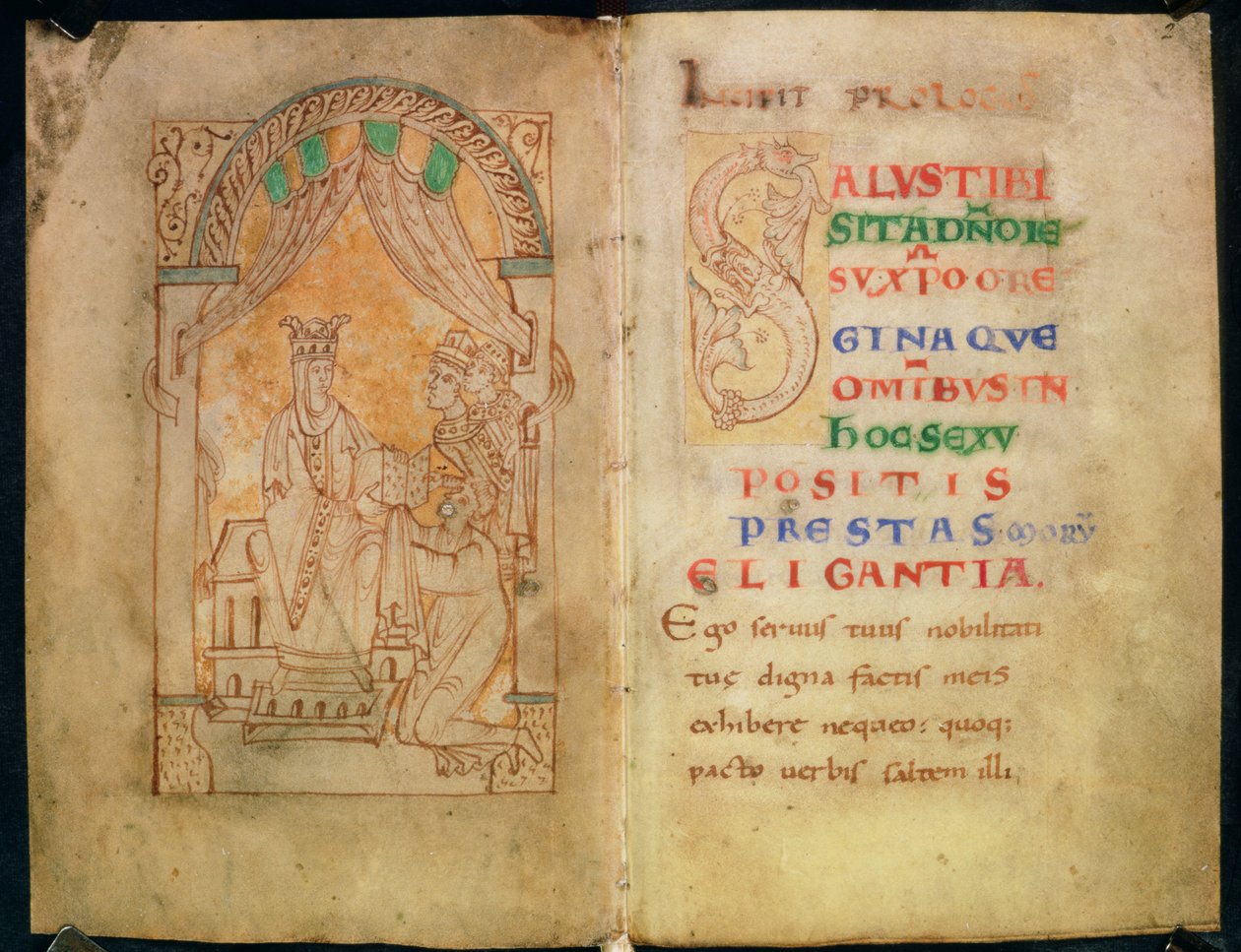 Dodaj 33241 ff.1v-2 Królowa Emma żona Ethelreda II i Cnut otrzymuje książkę od jej autora; Tekst z dużymi literami „S” autorstwa English School