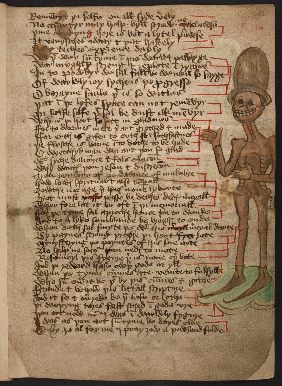 Dodaj 37049 f.32 Marginalny obraz uśmiechniętego szkieletu machającego w wysokim kapeluszu, ilustrującego „Świt Makabre” ok. 1460-1500 (tusz i kolor na welinie) autorstwa English School