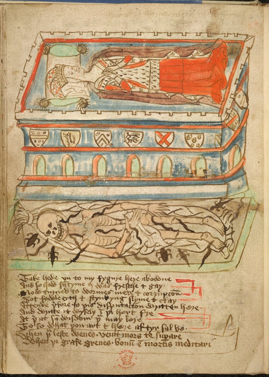 Dodać. 37049, f.32v, Zwłoki kobiety leżące w trumnie, poniżej widać szkielet z „Pustyni religii” autorstwa English School
