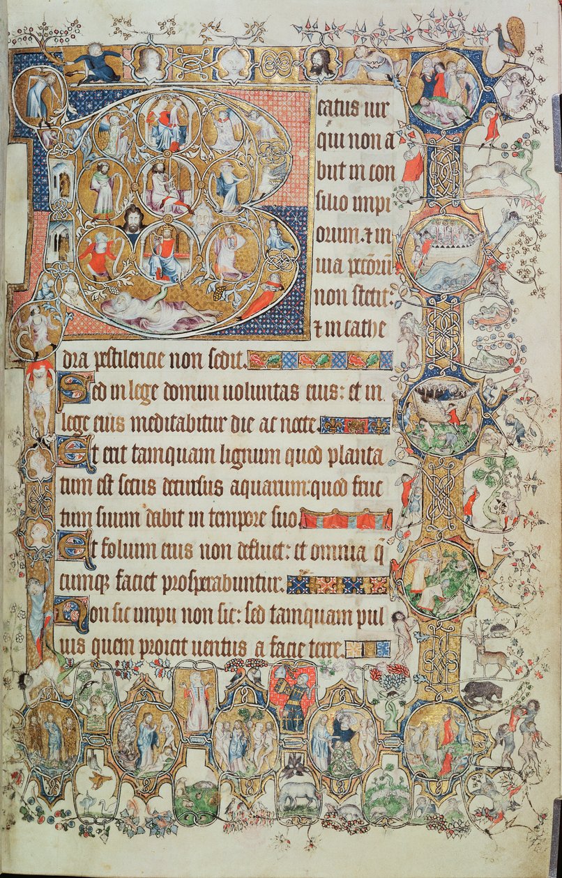 Dodaj 39810 f.7r Historyczny inicjał „B” z drzewem Jessego i dziewięcioma rundami, z psałterza św. Omera, c.1330-40 (welum) autorstwa English School