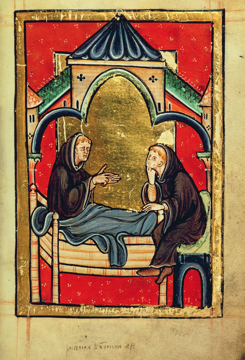 Dodaj 39943 f.21 Boisil, przeor Cuthberta w Melrose, na łożu śmierci, z „Life and Miracles of St. Cuthbert” Bede, łac. (Durham) (welum) autorstwa English School