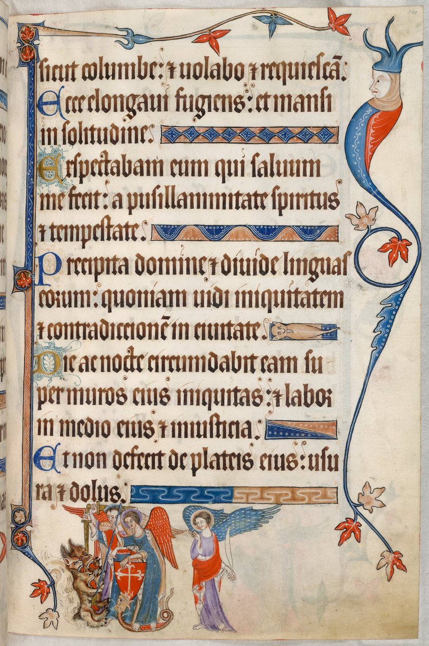 Dodać. 42130, f.101, Psalm 54, Archaniołowie walczący z diabłem, z Psałterza Luttrella, c.1325-35 (welum) autorstwa English School
