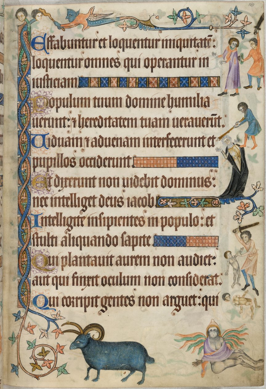 Dodać. 42130 , f.169, Psalm 93, sceny mordu, z „Psałterza Luttrella”, c.1325-35 (welum) autorstwa English School