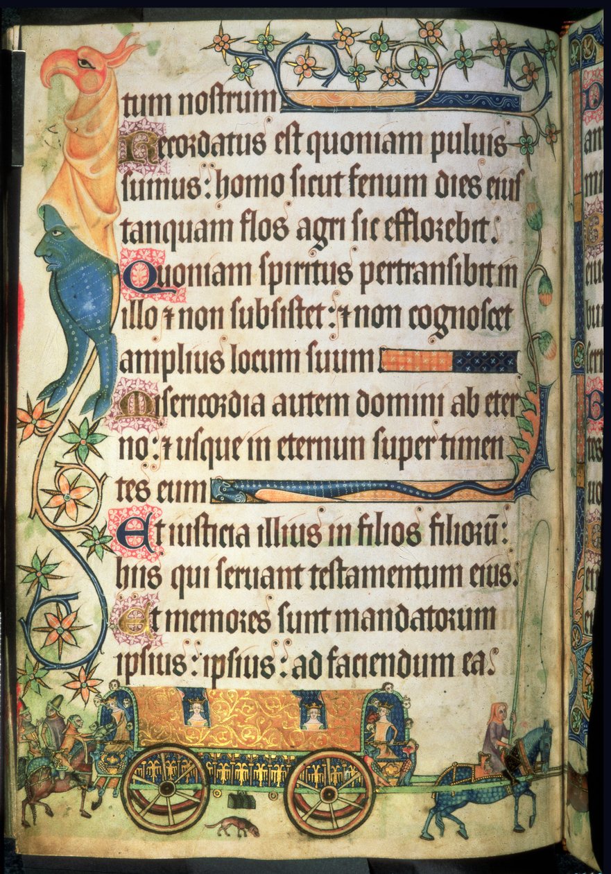 Dodaj 42130 f.181v Psalm 102: Powóz dla królewskich dam, z „Psałterza Luttrell”, c.1325-35 (welum) autorstwa English School
