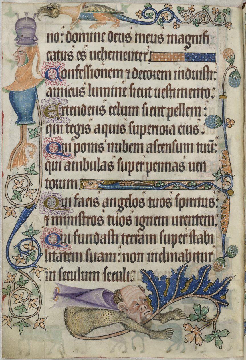 Dodać. 42130, f.182v Psalm 103, z groteskami, z „Psałterza Luttrella”, c.1325-35 (welum) autorstwa English School