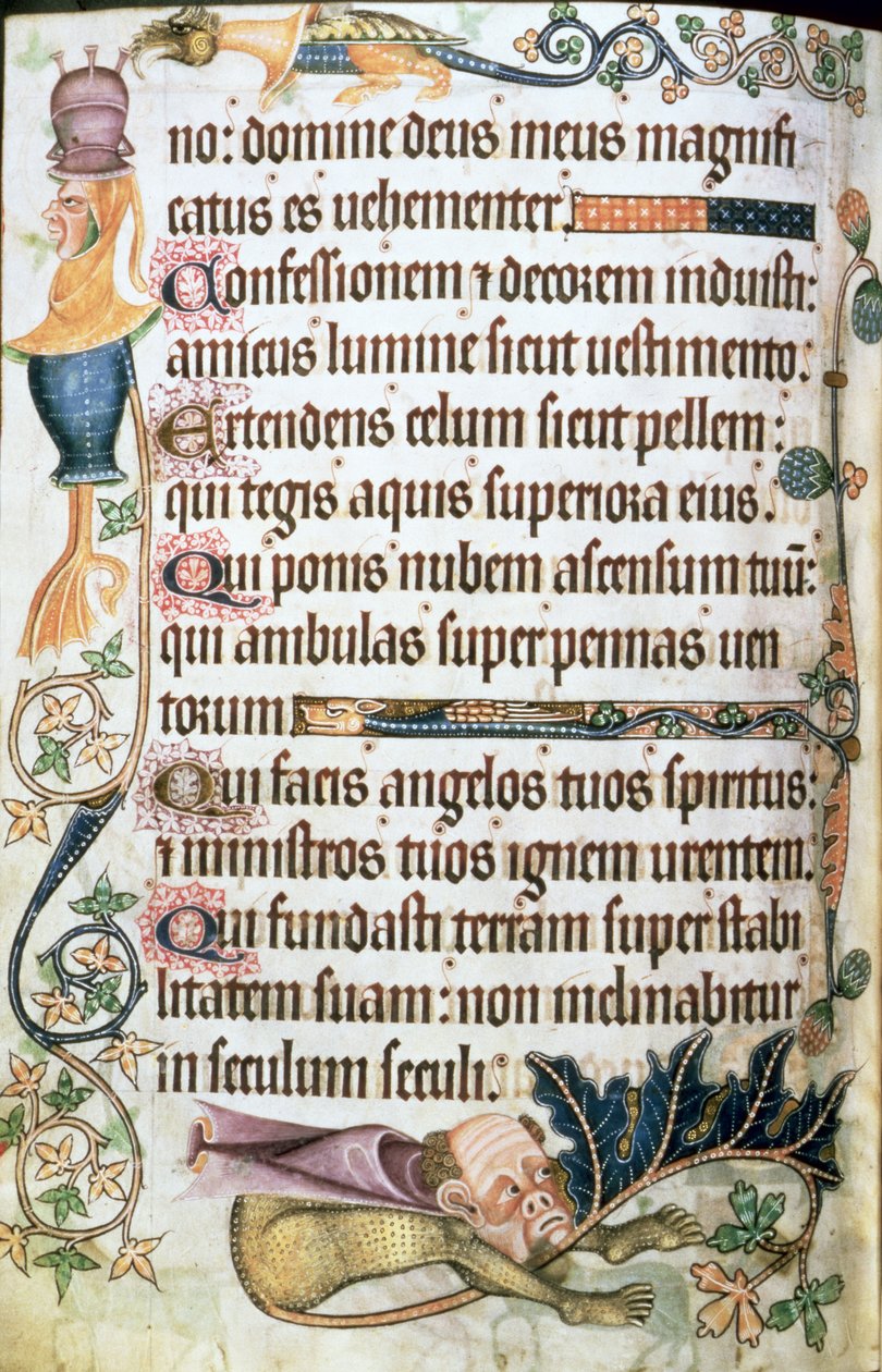 Dodaj 42130 f.182v Psalm 103 z groteskami, z „Psałterza Luttrella”, c.1325-35 (welum) autorstwa English School