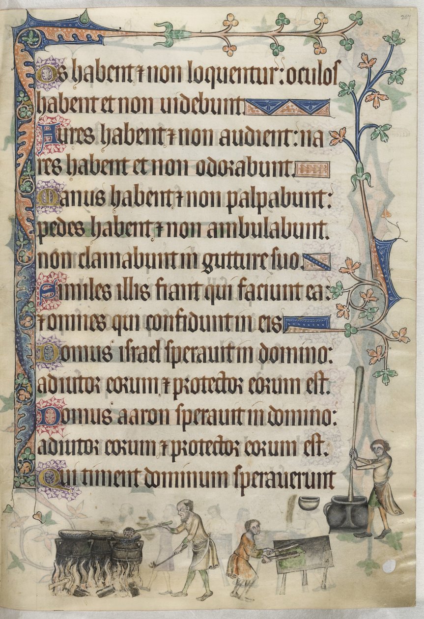 Dodać. 42130, f.207 Przygotowywanie i gotowanie potraw, ilustracja z „Psałterza Luttrella”, c.1325-35 (welum) autorstwa English School
