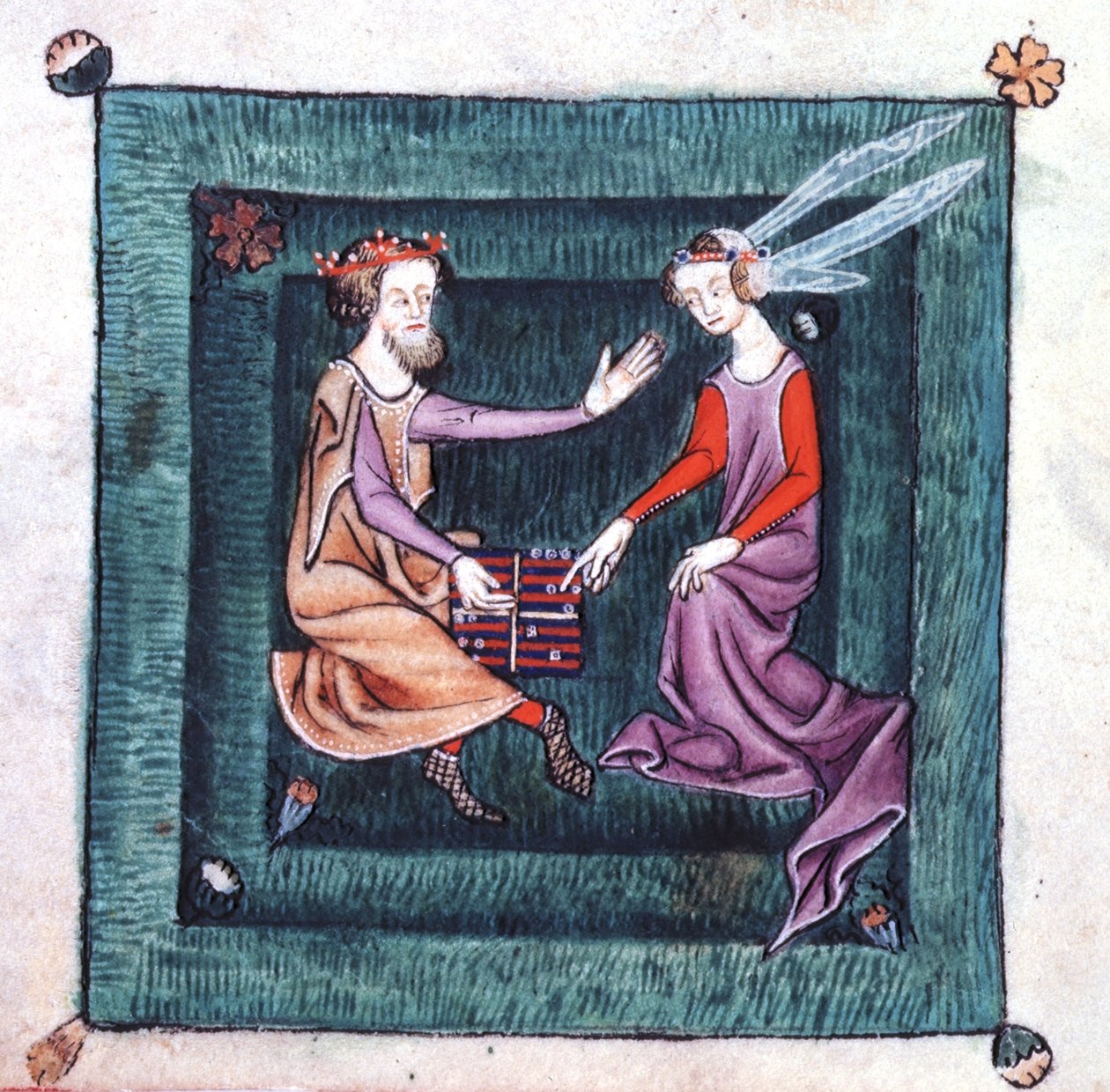 Dodaj 42130 fol.76v Król i Dama siedzący w ogrodzie, grający w grę planszową przypominającą tryktrak, z psałterza Luttrell, rozpoczętą przed 1340 r. dla Sir Geoffreya Luttrell (wellum) autorstwa English School