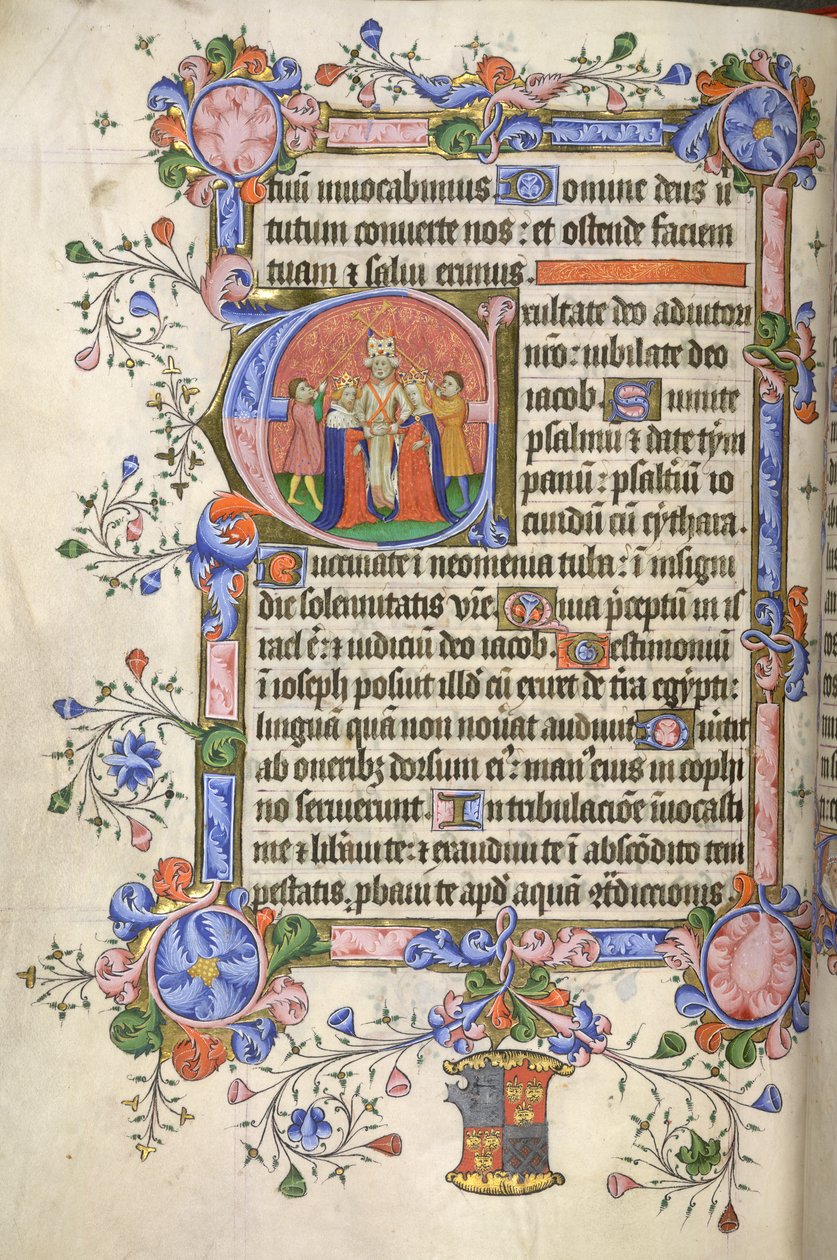 Dodać. 42131 fol.151v Początek Psalmu 80; inicjał „E”: małżeństwo Dawida i Michała, obaj koronowani, z Psałterza Bedforda i Godzin autorstwa English School