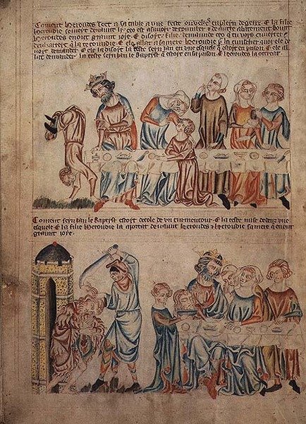 Dodaj 47682 f.21v Salome tańcząca przed Herodem i śmiercią Jana Chrzciciela, z „Biblii Holkham”, c.1320-30 (wellum) autorstwa English School