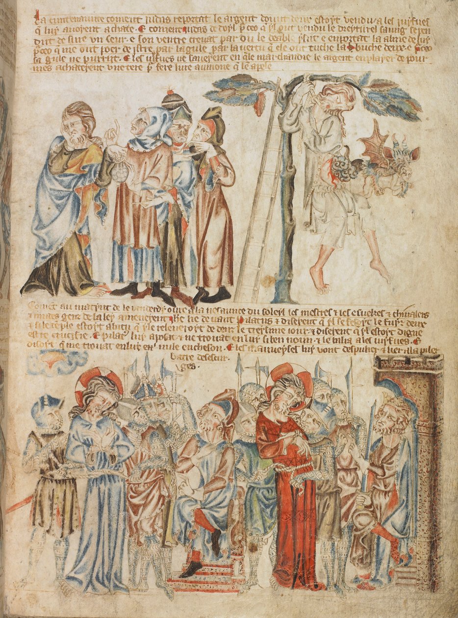 Dodać. 47682, f.30, Judasz zwraca trzydzieści srebrników; śmierć Judasza; Chrystus przed Piłatem i Herodem, z Holkham Bible Picture Book, c.1320-30 (welum) autorstwa English School