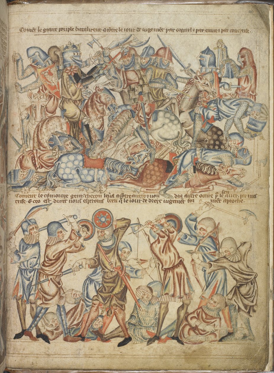 Dodaj 47682 f.40 Rówieśnicy i zwykli ludzie walczący w bitwie pod Bannockburn, z „Biblii Holkham”, ok. 1320–30 (welin) autorstwa English School