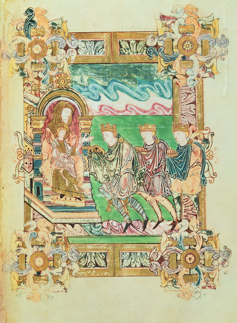 Dodaj 49598 f.24b Adoracja Trzech Króli, z Błogosławieństwa św. Aethelwolda, Winchester, ok. 980 (welum) autorstwa English School