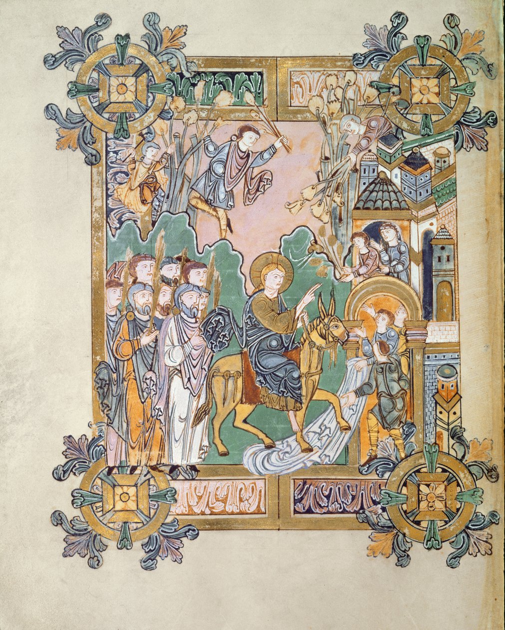 Dodaj 49598 f.45v Wejście do Jerozolimy, z Błogosławieństwa św. Aethelwold, Winchester, c.980 (welum) autorstwa English School